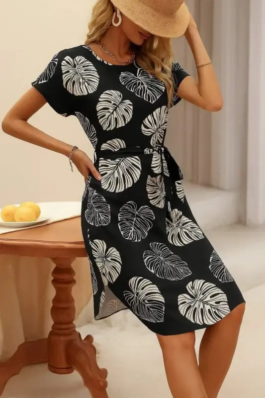 Women's Short Sleeve Crew Neck Patterned Belted Knitted Crepe Midi Dress - 1