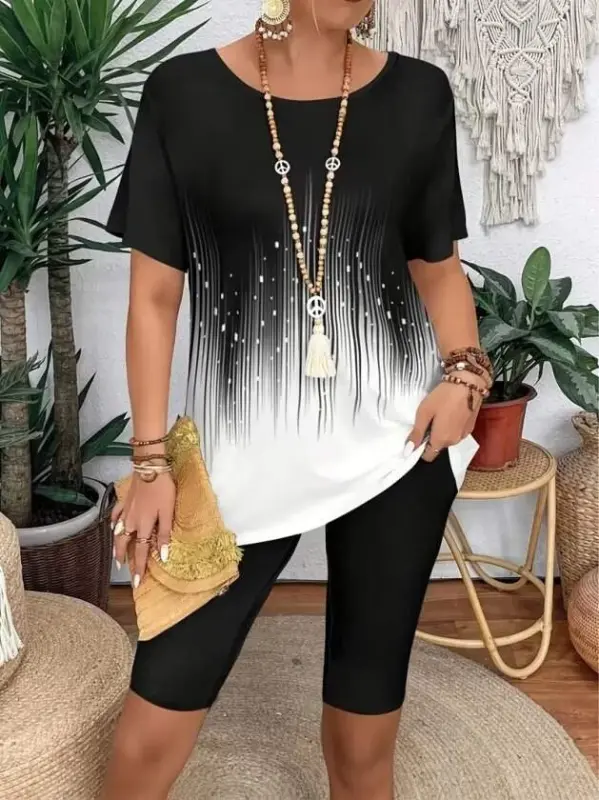 Women's Short Sleeve Crew Neck Patterned Scuba Blouse and Leggings Two-Piece Set - BÜYÜKBEDENIZ