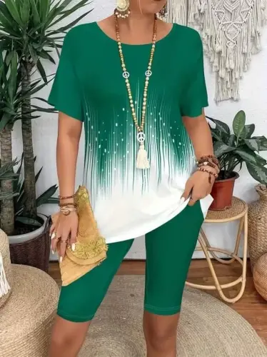 Women's Short Sleeve Crew Neck Patterned Scuba Blouse and Leggings Two-Piece Set - 3
