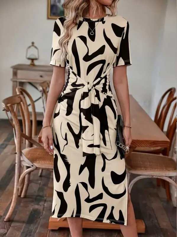 Women's Short Sleeve Crew Neck Patterned Tie Waist Side Slit Supreme Dress - 2
