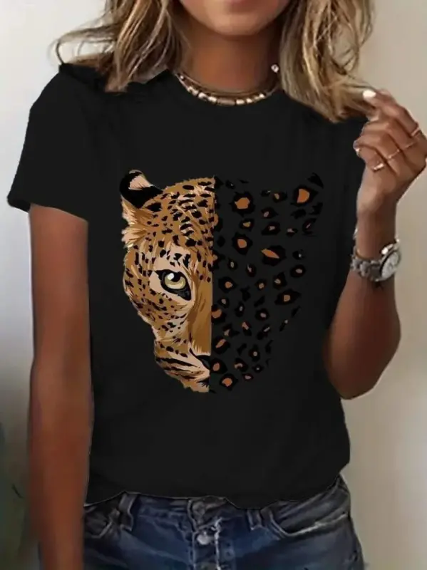 Women's Short Sleeve Crew Neck Patterned Viscose Blouse - BÜYÜKBEDENIZ