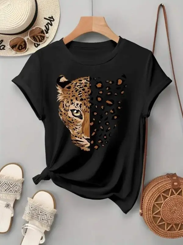 Women's Short Sleeve Crew Neck Patterned Viscose Blouse - 3