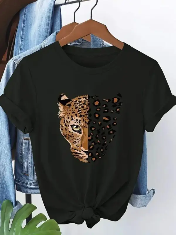 Women's Short Sleeve Crew Neck Patterned Viscose Blouse - 4