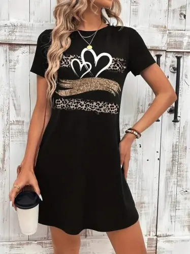 Women's Short Sleeve Crew Neck Patterned Viscose Dress - 2