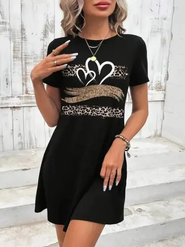 Women's Short Sleeve Crew Neck Patterned Viscose Dress - 3