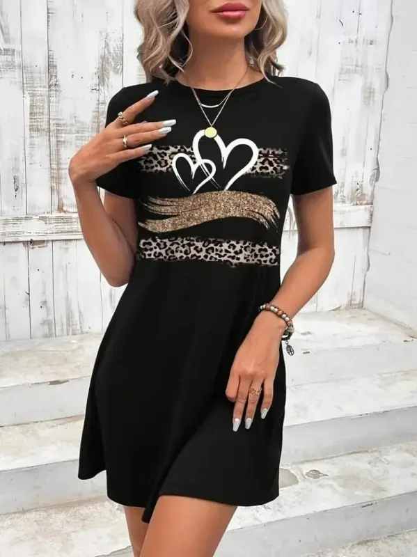 Women's Short Sleeve Crew Neck Patterned Viscose Dress - 3