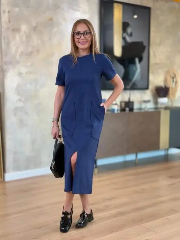 Women's Short Sleeve Crew Neck Pocketed Front Slit Viscose Two Thread Midi Dress - BÜYÜKBEDENIZ