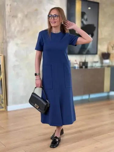 Women's Short Sleeve Crew Neck Pocketed Front Slit Viscose Two Thread Midi Dress - BÜYÜKBEDENIZ (1)