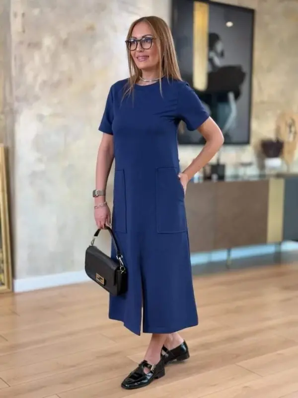 Women's Short Sleeve Crew Neck Pocketed Front Slit Viscose Two Thread Midi Dress - 3