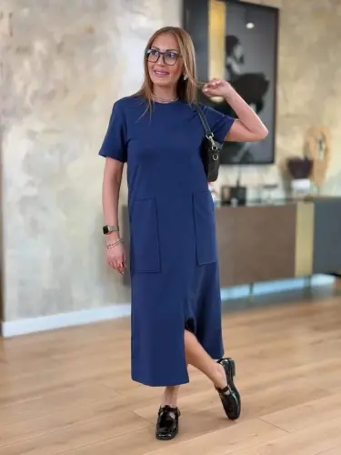 Women's Short Sleeve Crew Neck Pocketed Front Slit Viscose Two Thread Midi Dress - 4