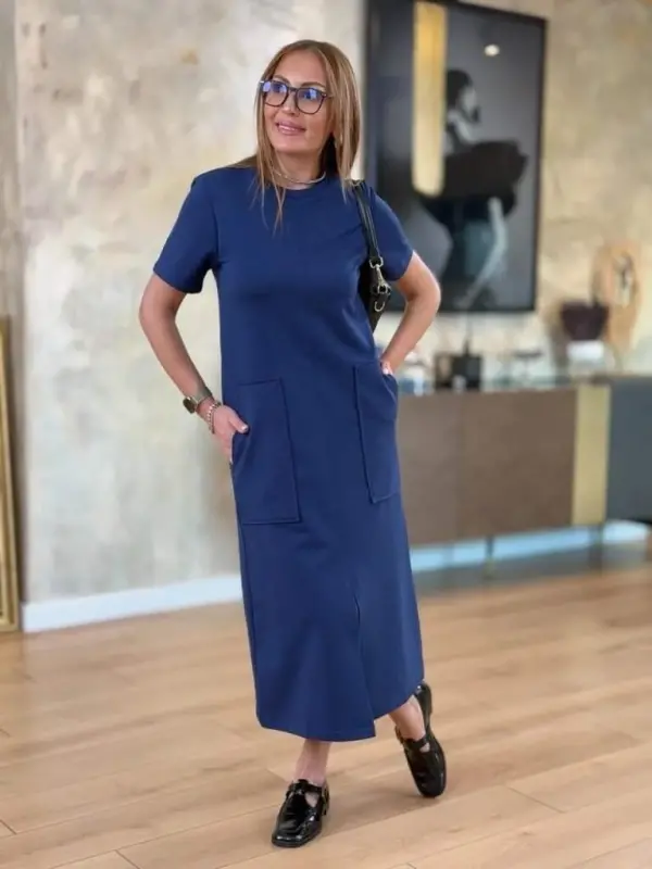 Women's Short Sleeve Crew Neck Pocketed Front Slit Viscose Two Thread Midi Dress - 5