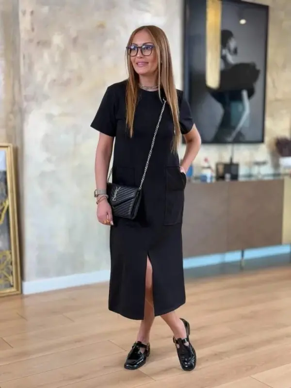 Women's Short Sleeve Crew Neck Pocketed Front Slit Viscose Two Thread Midi Dress - BÜYÜKBEDENIZ