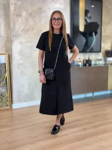 Women's Short Sleeve Crew Neck Pocketed Front Slit Viscose Two Thread Midi Dress - BÜYÜKBEDENIZ (1)