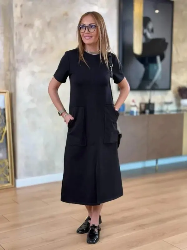 Women's Short Sleeve Crew Neck Pocketed Front Slit Viscose Two Thread Midi Dress - 3
