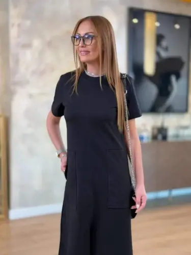 Women's Short Sleeve Crew Neck Pocketed Front Slit Viscose Two Thread Midi Dress - 4