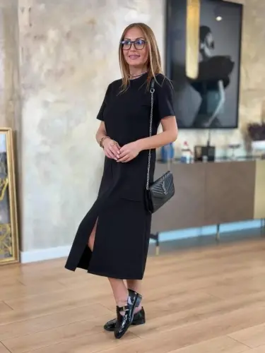 Women's Short Sleeve Crew Neck Pocketed Front Slit Viscose Two Thread Midi Dress - 5