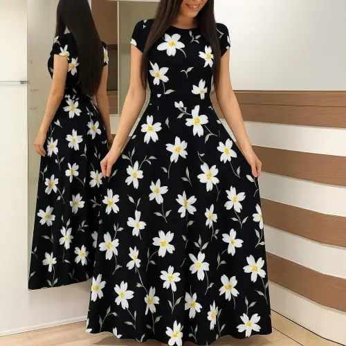 Women's Short Sleeve Crew Neck Polka Dot Maxi Knitted Crepe Dress - 1