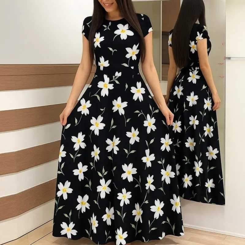 Women's Short Sleeve Crew Neck Polka Dot Maxi Knitted Crepe Dress - 2