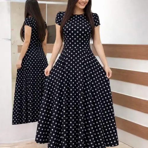 Women's Short Sleeve Crew Neck Polka Dot Maxi Knitted Crepe Dress - 1