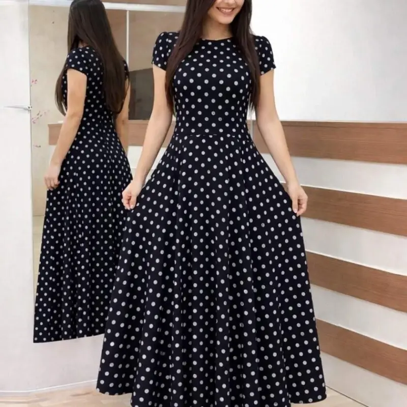 Women's Short Sleeve Crew Neck Polka Dot Maxi Knitted Crepe Dress - 1