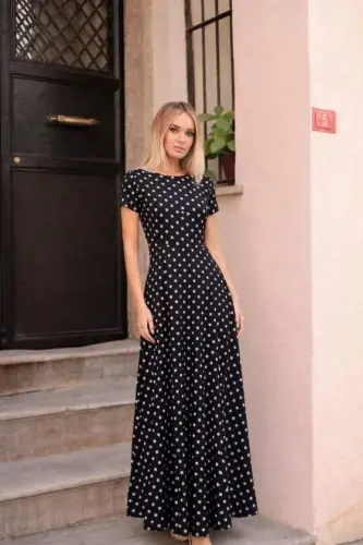 Women's Short Sleeve Crew Neck Polka Dot Maxi Knitted Crepe Dress - BÜYÜKBEDENIZ (1)