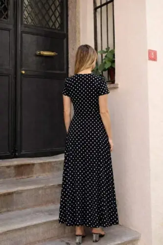 Women's Short Sleeve Crew Neck Polka Dot Maxi Knitted Crepe Dress - 3