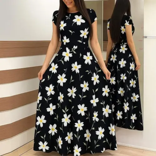 Women's Short Sleeve Crew Neck Polka Dot Maxi Knitted Crepe Dress - BÜYÜKBEDENIZ (1)