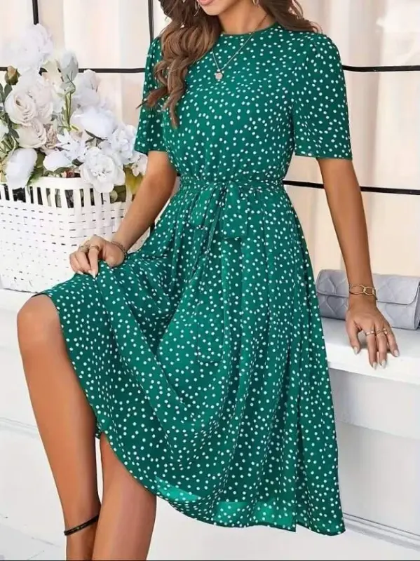 Women's Short Sleeve Crew Neck Polka Dot Short Jersey Dress - BÜYÜKBEDENIZ