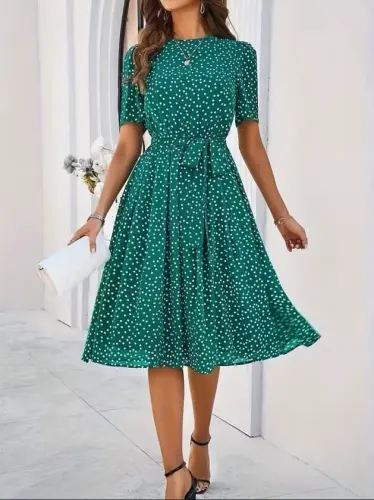 Women's Short Sleeve Crew Neck Polka Dot Short Jersey Dress - BÜYÜKBEDENIZ (1)