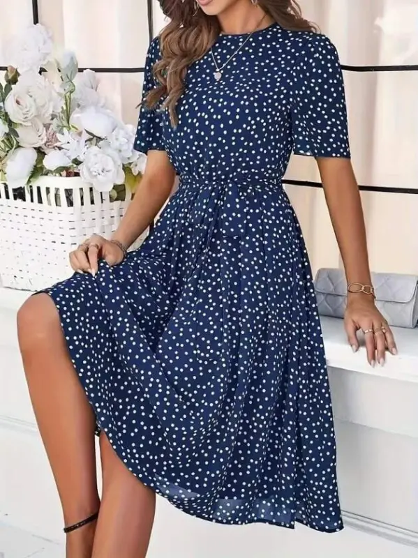 Women's Short Sleeve Crew Neck Polka Dot Short Single Jersey Dress - BÜYÜKBEDENIZ