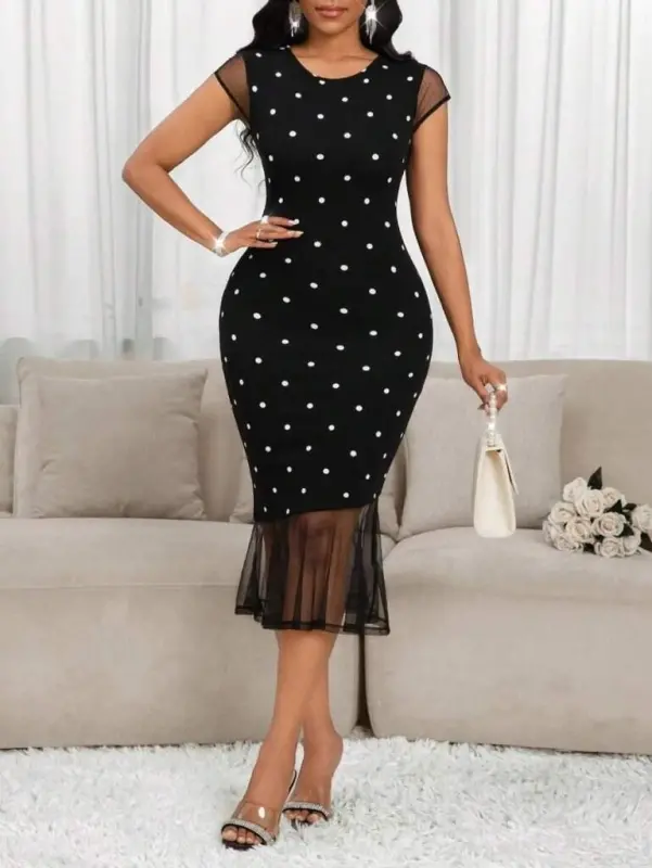 Women's Short Sleeve Crew Neck Polka Dot Tulle Detailed Knitted Crepe Dress - 1