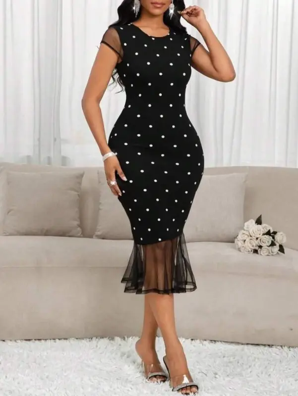 Women's Short Sleeve Crew Neck Polka Dot Tulle Detailed Knitted Crepe Dress - 5