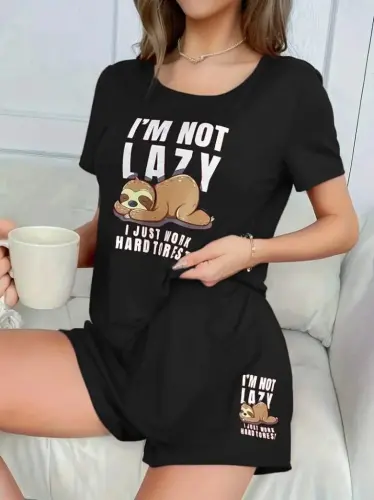 Women's Short Sleeve Crew Neck Printed Viscose Blouse And Shorts Set - 1