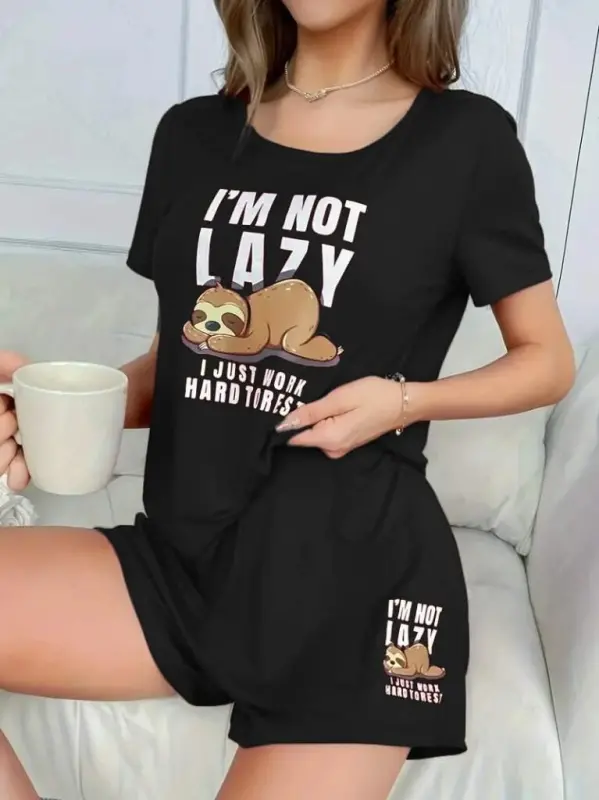 Women's Short Sleeve Crew Neck Printed Viscose Blouse And Shorts Set - 1