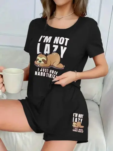 Women's Short Sleeve Crew Neck Printed Viscose Blouse And Shorts Set - 3