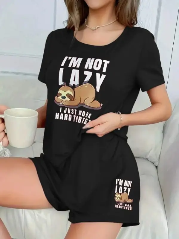 Women's Short Sleeve Crew Neck Printed Viscose Blouse And Shorts Set - 3