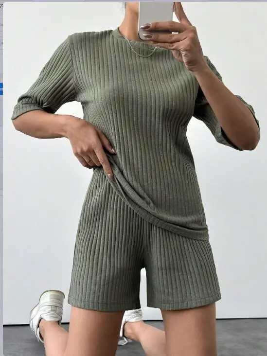Women's Short Sleeve Crew Neck Ribbed Blouse Shorts Set - 2