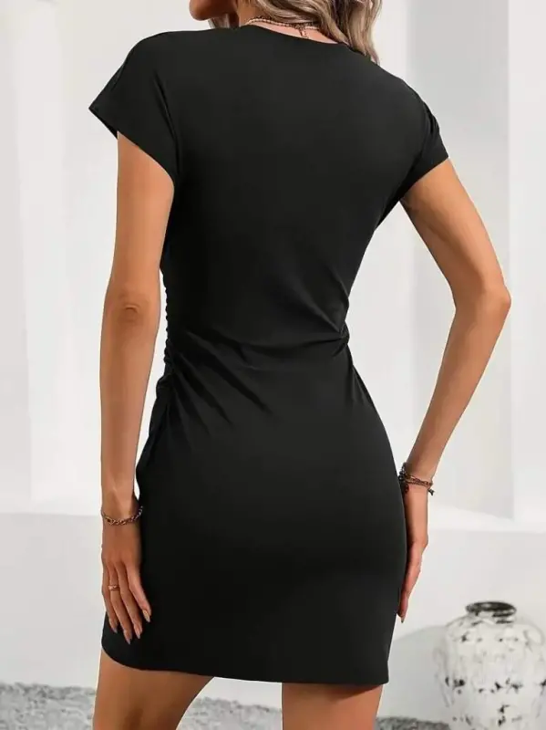 Women's Short Sleeve Crew Neck Ruched Side Short Shimmer Crepe Dress - 7