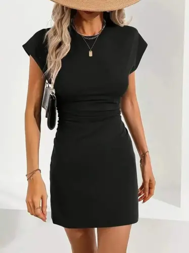 Women's Short Sleeve Crew Neck Ruched Side Short Shimmer Crepe Dress - 4