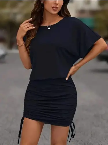 Women's Short Sleeve Crew Neck Ruched Side Short Viscose Dress - 4