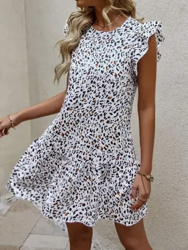 Women's Short Sleeve Crew Neck Ruffle Hem Short Woven Dress - BÜYÜKBEDENIZ (1)