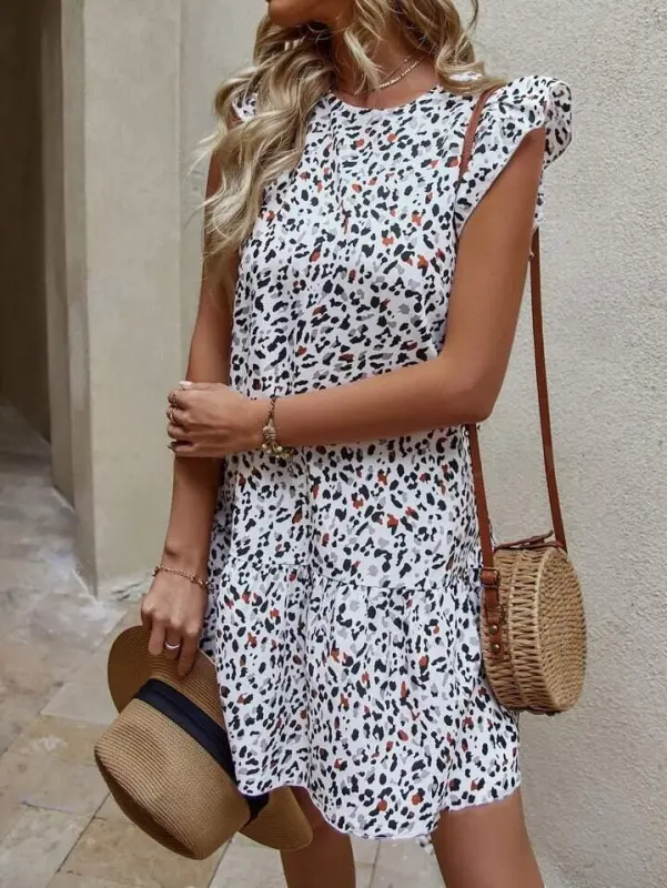 Women's Short Sleeve Crew Neck Ruffle Hem Short Woven Dress - 3