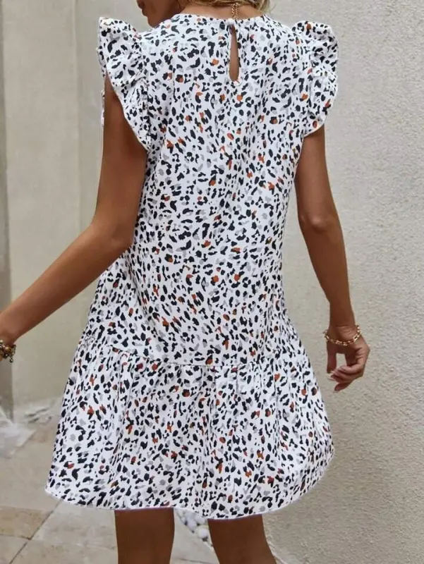 Women's Short Sleeve Crew Neck Ruffle Hem Short Woven Dress - 4