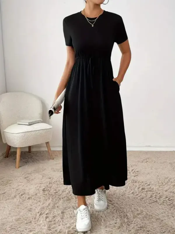 Women's Short Sleeve Crew Neck Self Tie Waist Pocketed Viscose Dress - 5