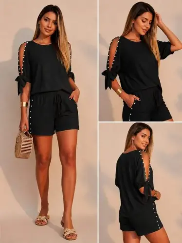Women's Short Sleeve Crew Neck Semi Open Shoulder Pearl Detailed Shorts T-shirt Viscose Two-Piece Set - 3