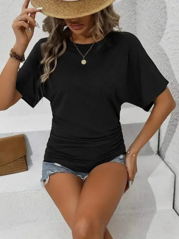 Women's Short Sleeve Crew Neck Side Gather Detail Batwing Sleeve Viscose Blouse - 1