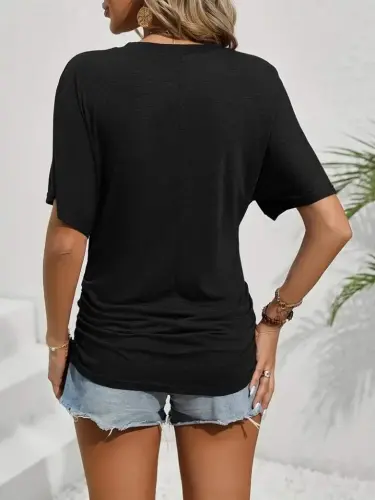 Women's Short Sleeve Crew Neck Side Gather Detail Batwing Sleeve Viscose Blouse - BÜYÜKBEDENIZ (1)