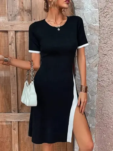 Women's Short Sleeve Crew Neck Side Slit Color Striped Detail Crinkle Crepe Dress - 1