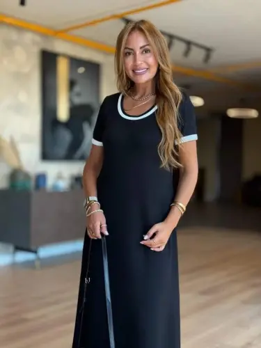 Women's Short Sleeve Crew Neck Side Slit Midi Viscose Dress - 3