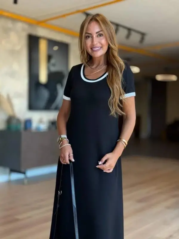 Women's Short Sleeve Crew Neck Side Slit Midi Viscose Dress - 3